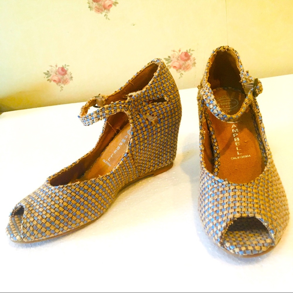 BOGO Jefftey Campbell "Havana Last" handmade ankle strap blue n tan wedge NWOT